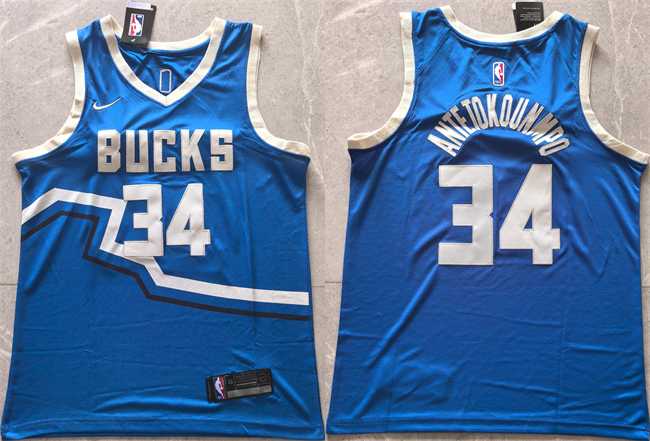 Mens Milwaukee Bucks #34 Giannis Antetokounmpo Royal 2024 City Edition Stitched Basketball Jersey